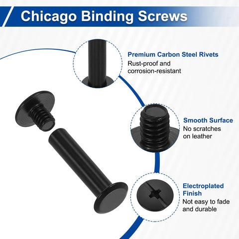 Hella Durable M5x22mm Chicago Screw Posts With Phillips Heads and Nail Rivet Studs for Leathercraft Projects showing smooth black finish and carbon steel material.
