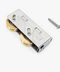 Top Tier Stainless Steel Double Wheel Sliding Door Pulley Featuring Heavy Duty Bearing Rollers That Deliver Slick Glide Action For Kitchen Windows And Knockout Home Hardware Upgrades One Piece close-up view displaying two wheels and screw attachment.
