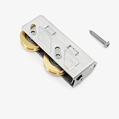 Top Tier Stainless Steel Double Wheel Sliding Door Pulley Featuring Heavy Duty Bearing Rollers That Deliver Slick Glide Action For Kitchen Windows And Knockout Home Hardware Upgrades One Piece close-up view displaying two wheels and screw attachment.