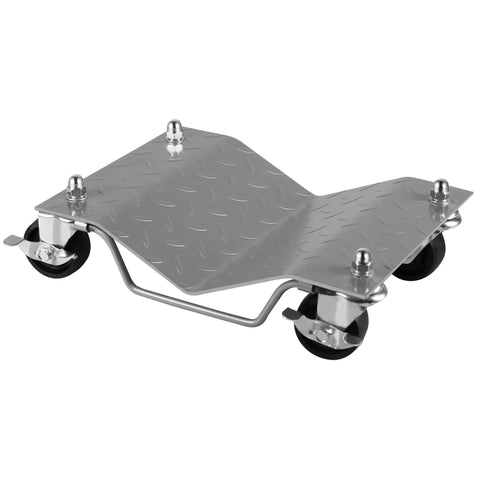 Heavy Duty Set Of 4 Auto Wheel Dollies With Six Thousand Pound Capacity Powder Coated Steel Tire Moving Cart Tough As Nails For Rolling Cars Trucks Trailers Motorcycles And Boats Silver with rolling casters.