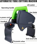 Pro Grade Automatic Pipe Cutting Machine With Cold Cutting Tech and dual saw blades, highlighted parts and features view