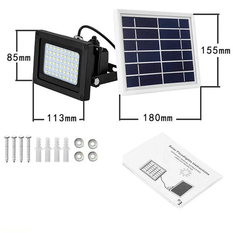 JUDYSSY Outdoor Solar Flood Lights with 6V solar panel and installation accessories for garden lawn use.
