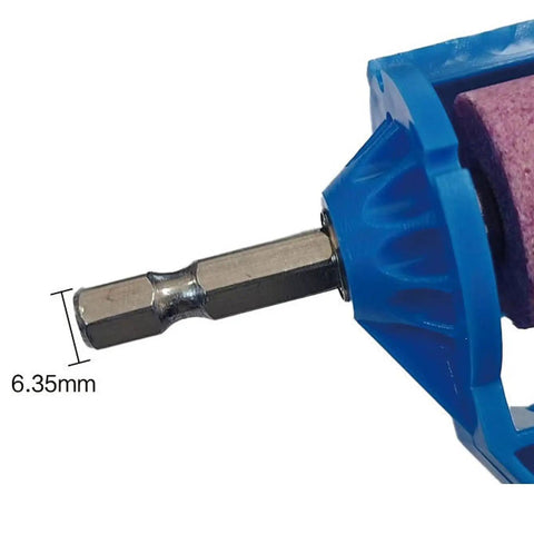 Close-up of 6.35mm hex shank on heavy duty angle grinder featuring field ready drill bit sharpening tool.