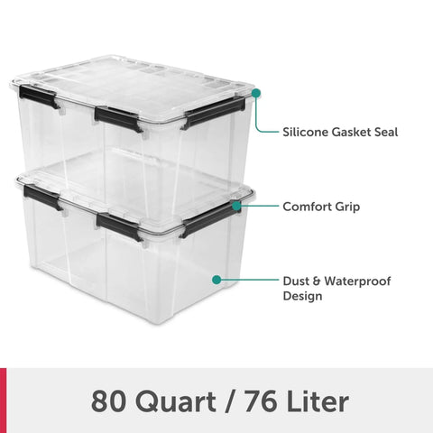 Massive 80 Quart Clear Plastic Storage Bin With Hella Tight Waterproof Seal And Heavy Duty Latches For Stacking Bulky Comforters And Camping Gear In Every Corner, featuring silicone gasket seal and comfort grip.