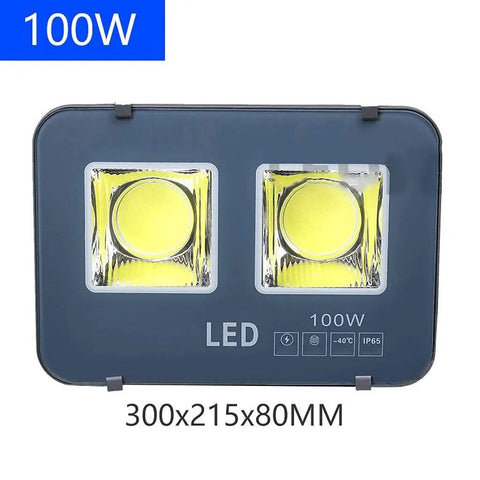 Heavy Duty Outdoor Led Floodlight With Ip 65 Waterproof Rating And Rechargeable Battery For Backyards Roofs And Driveways Built Tough As Nails Against Lightning Strikes Rock Solid Performance showcasing two 100W LED modules.