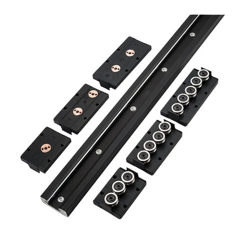 Premium Inner Double Axis Roller Ball Bearing Linear Guide Rail SGR10 Four Pack with eight compact roller carriages laid out.