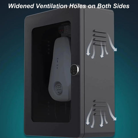 Tough As Nails Lockable EV Charger Pedestal Box With Secure Key Entry Shield, featuring widened ventilation holes on both sides.