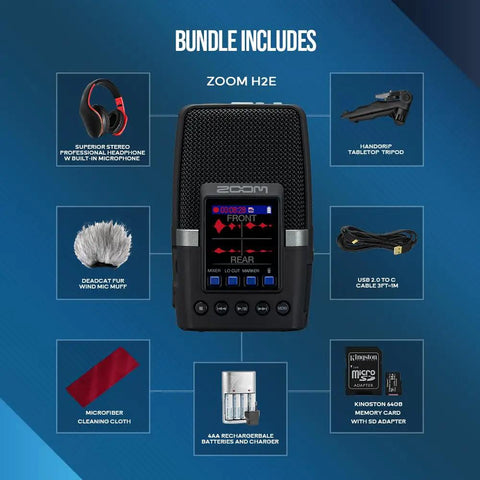 Portable Multi Mic Handheld Audio Recorder With 32 Bit Float Recording Killer Slick Accessory Kit showing included accessories and mic features.