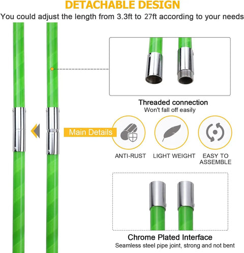 Extendable 27 Feet Tree Pole Pruner with adjustable height showing detachable design with threaded connection and chrome plated interface
