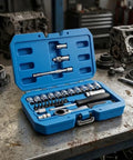 29 Piece Heavy Duty Through Hole Ratchet Socket Set Metric 12 Point Tool Kit in a blue case on a workbench.