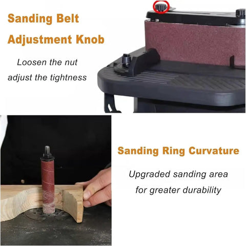 450W Electric Oscillating Spindle Sander And Belt Sander Combo With Five Heavy Duty Sanding Sleeves, showing sanding belt adjustment knob and sanding ring curvature.