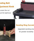 Beast Mode Vertical Oscillating Spindle And Belt Sander Combo For Woodworking Shops With Tilting Table and Assorted Sanding Sleeves close-up of adjustment knob and sanding ring on wooden piece.