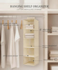 Vertical Hanging Closet Shelf Organizer Multi Tier Open Compartments Hella Efficient Linen Sock Towel Storage No Drilling Needed Super Easy Access To Maximize Closet Height on a closet rod with folded towels.