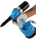 Heavy Duty Pneumatic Nail Gun And Air Riveter Featuring One Key Automatic Tensioning For Knockout Riveting Speed Built Like A Tank, held in hand.