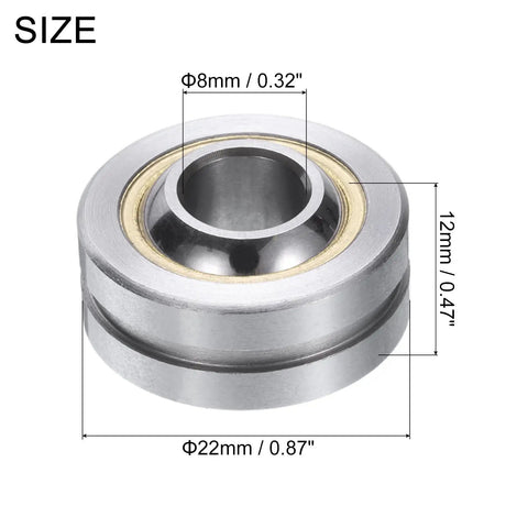 GEBK8S Spherical Plain Bearing 8mm X 22mm X 12mm Pre Lubricated Carbon Steel with bronze cage and dimensions shown.