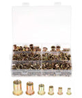 Carbon Steel Rivet Nuts Threaded Inserts Kit 500 Pcs Galvanized in storage box showing various sizes of fasteners