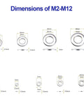 Dimensions of M2 to M12 washers from Premium Grade 304 Stainless Steel Spring And Flat Washer Assortment Kit With 580 Pieces.