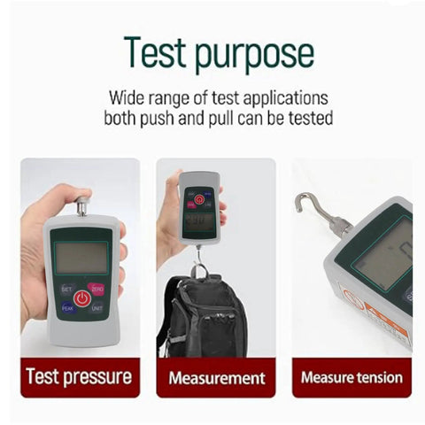 Hella Accurate Mini Digital Force Gauge Featuring 50 Up To 500N Measurement Range Built In Sensor For Material Mechanics Product Development And Quality Control Badass Tensiometer Testing Device measuring tension on a backpack.