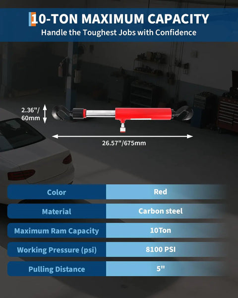 Badass 10 Ton Hydraulic Pull Back Ram For Vehicle Frame Straightening And Collision Body Shop Work With 8100 PSI Carbon Steel Cylinder displayed on a workshop wall.