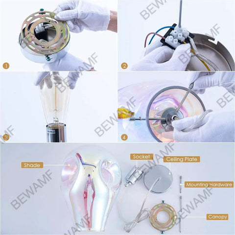Assembly steps for Colorful Bubble Glass Island Pendant Light 1 Light For Kitchen And Dining with components