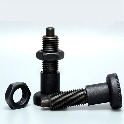 Heavy Duty Spring Return Index Plunger With Precision Ball Lock And Screw Mount Base tough fasteners and nut for securing.