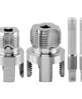 2 In 1 Pipe Threading Tool For Internal And External Threads With Dual End One Half Inch NPT And Three Quarter Inch NPT Dies Works With Power Drills For Fast DIY Plumbing Rethreads No Tool Swapping, showing interchangeable dies and shank components