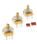 Fresh CTS Split Shaft Potentiometer And Capacitor Upgrade Kit For Stratocaster Sss Electric Guitar Volume Tone Rig Ready Three Pack showing three 250k pots and two film caps.
