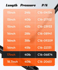 Product specifications chart displaying sizes and pressures for Bulletproof Gas Strut Lift Support For Pickup Truck Toppers And Camper Shells.