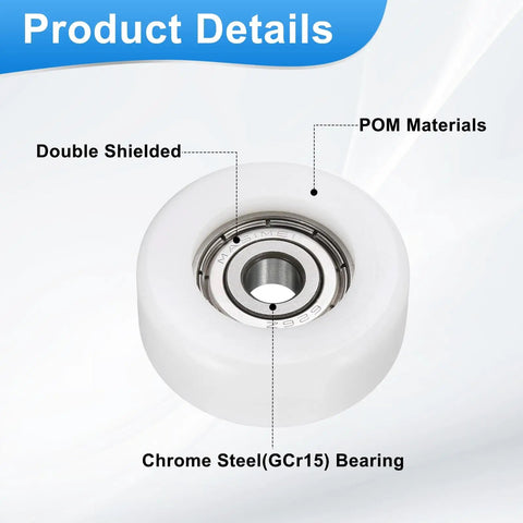 4 Pack White Roller Idler Bearing Pulleys With 626ZZ Bearings Butter Smooth Gliding Conveyor Track Wheels For Furniture Sliding Doors And Cabinet Hardware No Hassle Installation Rock Solid Pom Nylon with POM materials and chrome steel bearing.