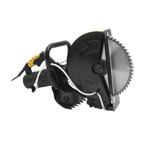 Heavy Duty Cordless Circular Saw For Nailing All Your Weekend Build Projects With Smooth Multi Angle Cuts And Effortless Precision Slicing Through Wood Metal Stone And Tile Guaranteed To Get The Job Done Right side view of black circular saw with yellow handle.