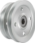 Rock Solid Mower Deck Drive Belt Tightener Pulley AM133924 close-up view of heavy-duty aluminum pulley with bearings.