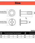 Size chart for Premium 304 Stainless Steel Screw Binding Rivets Book Kit, showing dimensions in mm for two different sizes.