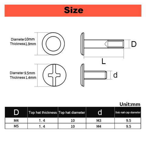 Size chart for Premium 304 Stainless Steel Screw Binding Rivets Book Kit, showing dimensions in mm for two different sizes.