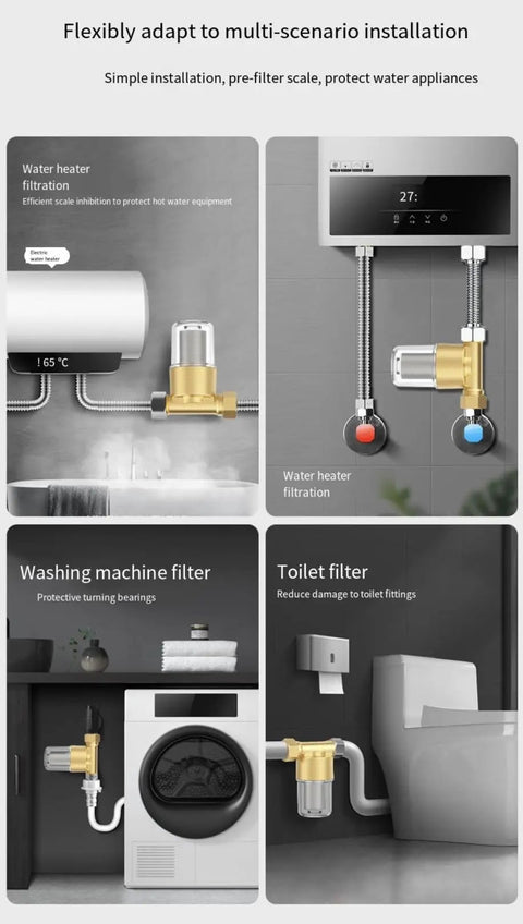 Installation scenarios for Reusable Brass Sediment Filter 40 Micron Water Filter for washing machines, heaters, toilets, and RVs