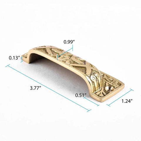Rock Solid Cast Brass Azteca Cabinet Cup Pulls With Tough Scratch Resistant Finish Durable Vintage Kitchen Drawer Hardware Pack Of Six For Easy Home Refreshes And Quick Renovations, 3.77-inch antique brass cup handle with dimensions.