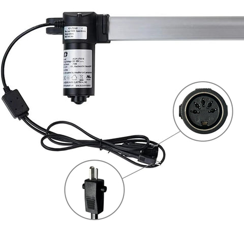 Replacement Linear Actuator For Power Recliner Lift Chair Heavy Duty Motor showing 2 pin plug, 5 pin connector, and stroke detail.
