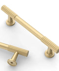 10 Pack 3 Inch Brushed Gold Cabinet Handles Modern Kitchen Drawer Pulls Heavy Duty Metal Hardware With A Knockout Finish, close-up view.