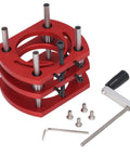 Pro Level Manual Lifting Router System With Heavy Duty Stainless Steel Base Plate For Smooth Woodworking Table Setup and Rock Solid Router Saw Fence Slotting Kit with red aluminum base and tools.