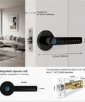 Rock Solid 5 In 1 Fingerprint Smart Lock With Keyless Deadbolt Setup, showing dimensions and installation on a door.