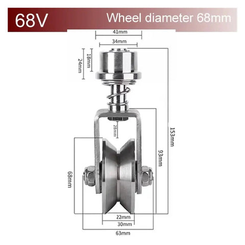 Gator Tough 304 Stainless Steel Universal Groove Wheel With Spring Shock Absorption, 68mm size for smooth gate rolling.