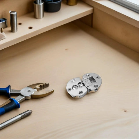 Concealed Cabinet Hinges 90 Degree Flip Adjustable Four Pack Zinc Alloy Flush Mounted on a workbench with tools