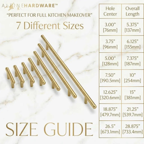Heavy Hitter Solid Stainless Steel Bar Handles 25 Pack Euro Style Cabinet Pulls With Killer Brushed Satin Gold Brass Finish size guide showing different lengths.