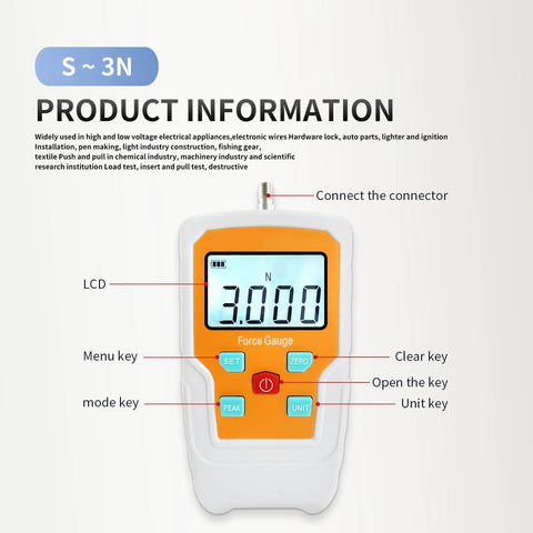 Tough As Nails Digital Force Gauge And Push Pull Dynamometer with LCD display and measurement buttons, shows 3.000 N reading.