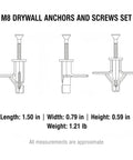Diagram of 50 Pack M8 Drywall Anchors With Zinc Plated Screws Heavy Duty Hollow Wall Anchor Kit showing dimensions and components