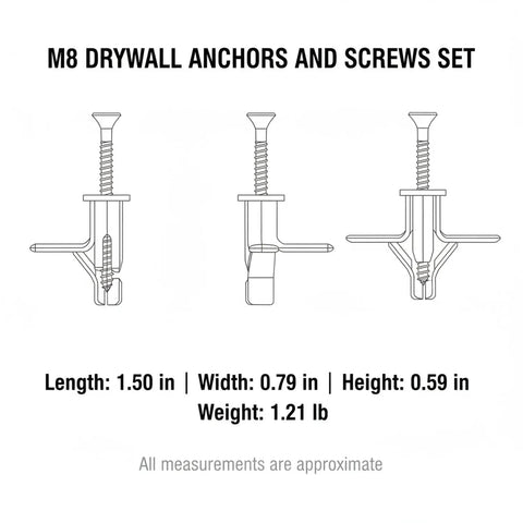 Diagram of 50 Pack M8 Drywall Anchors With Zinc Plated Screws Heavy Duty Hollow Wall Anchor Kit showing dimensions and components