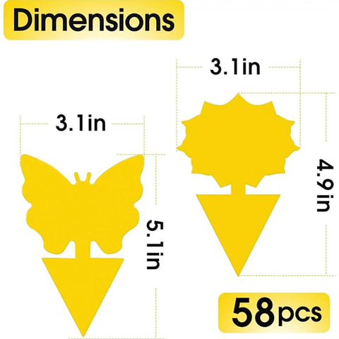 Zero Sweat 58 Pack Yellow Sticky Gnat Traps For Indoor Plants dimensions: butterfly design 3.1in x 5.1in, 58 total cards.
