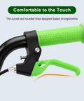 Universal Kids Bicycle Brake Levers Set with green grip, easy grip for small hands, attached to black handlebar, ideal for boys and girls bikes.