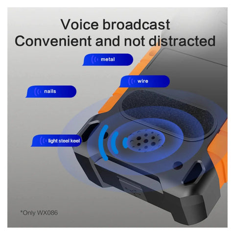 Big Time 3in1 Wall Scanner And Stud Finder With Crisp Screen showing voice broadcast features detecting metal, wires, and nails.