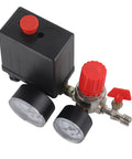 Heavy Duty Air Compressor Pressure Switch With Adjustable Regulator And Precision Gauge 2 Port G1/4 Thread mounted on a black base.