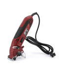 Heavy Hitting Yet Super Compact Mini Circular Saw Kit With Three Replacement Blades For No Sweat Wood Ceramic And Aluminum Cuts Up To Half Inch Thick At Blazing Three Thousand Four Hundred Rpm Speeds, red handheld mini saw.